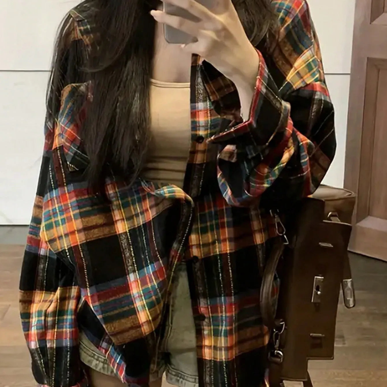 Women's loose retro plaid shirt in 100% cotton available in black, green, and purple colours