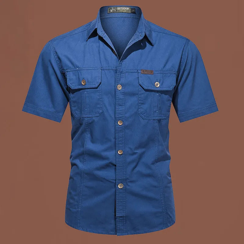 Men's short sleeve cotton work shirt in loose fit available in army green, beige, black, dark blue and other colours