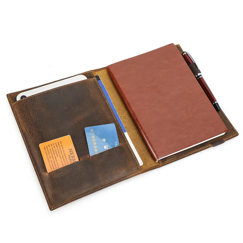 Brown Crazy Horse leather protective sleeve for an A5 notebook, showing square shape and multi-pocket design.