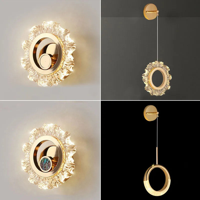 Modern minimalist bedroom wall lamp with a white acrylic shade on a wall.