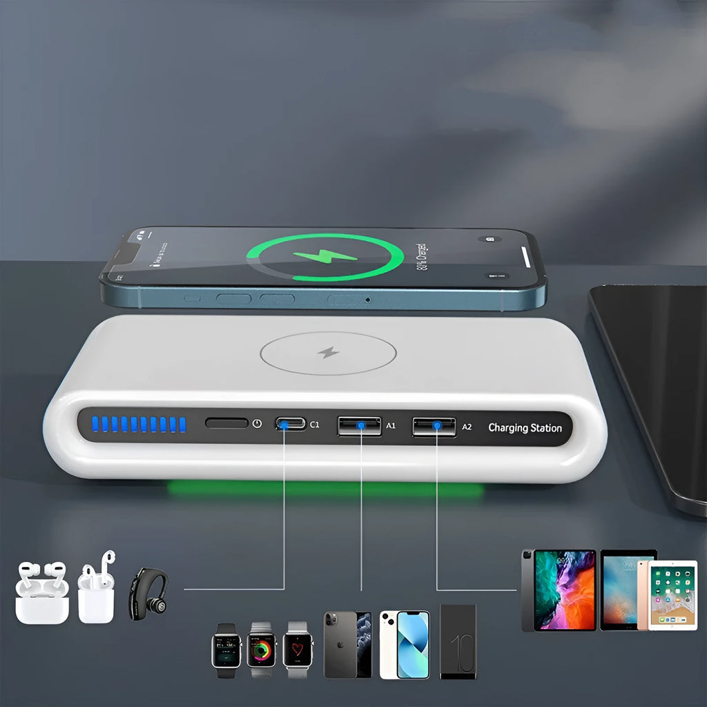 White desktop wireless charger with 15W fast charging and built-in 8-colour atmosphere lamp.