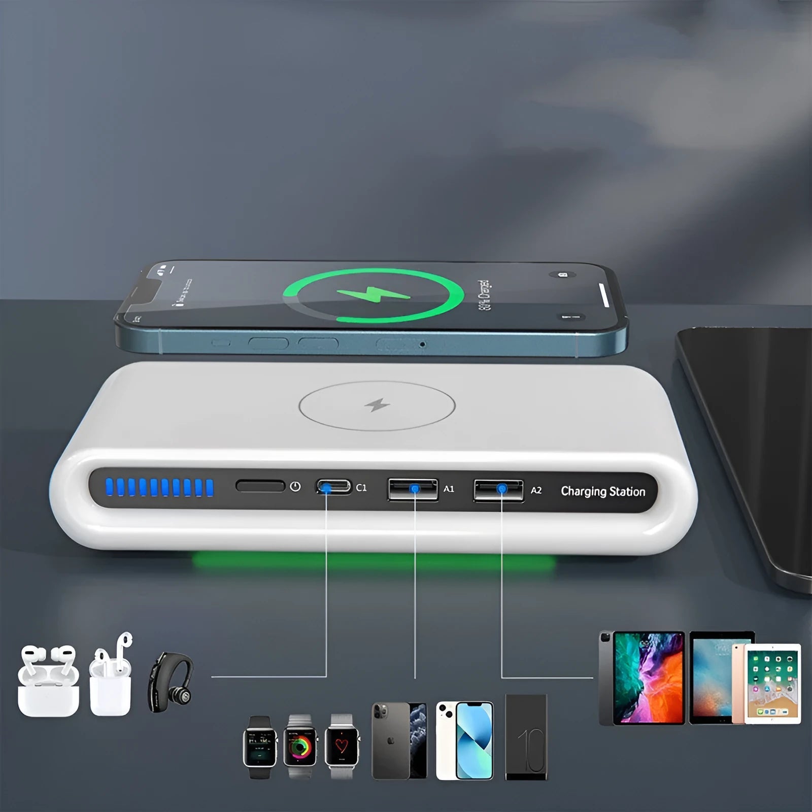 White desktop wireless charger with 15W fast charging and built-in 8-colour atmosphere lamp.