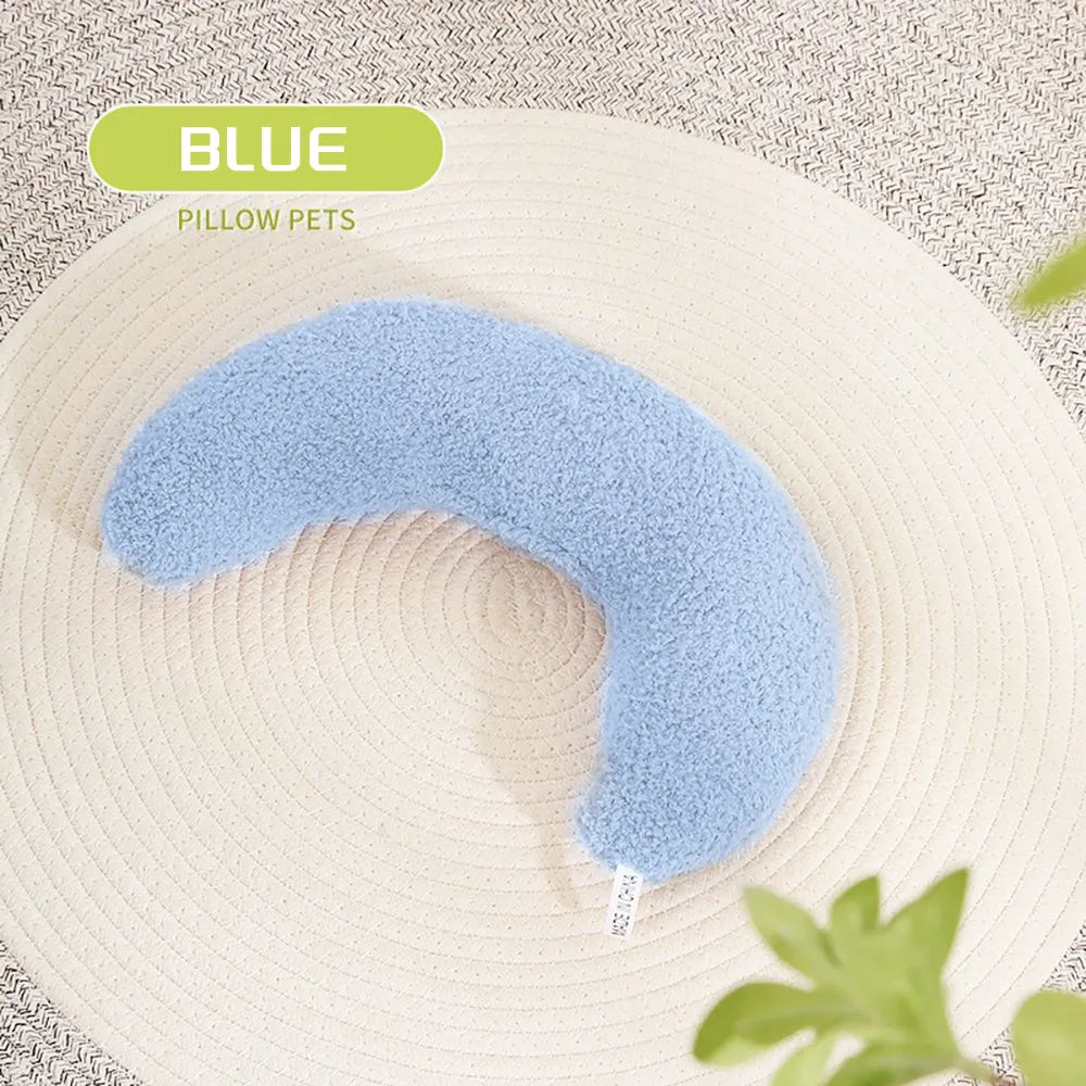 U-shaped blue cat pillow with an adjustable fabric collar for pet neck support.
