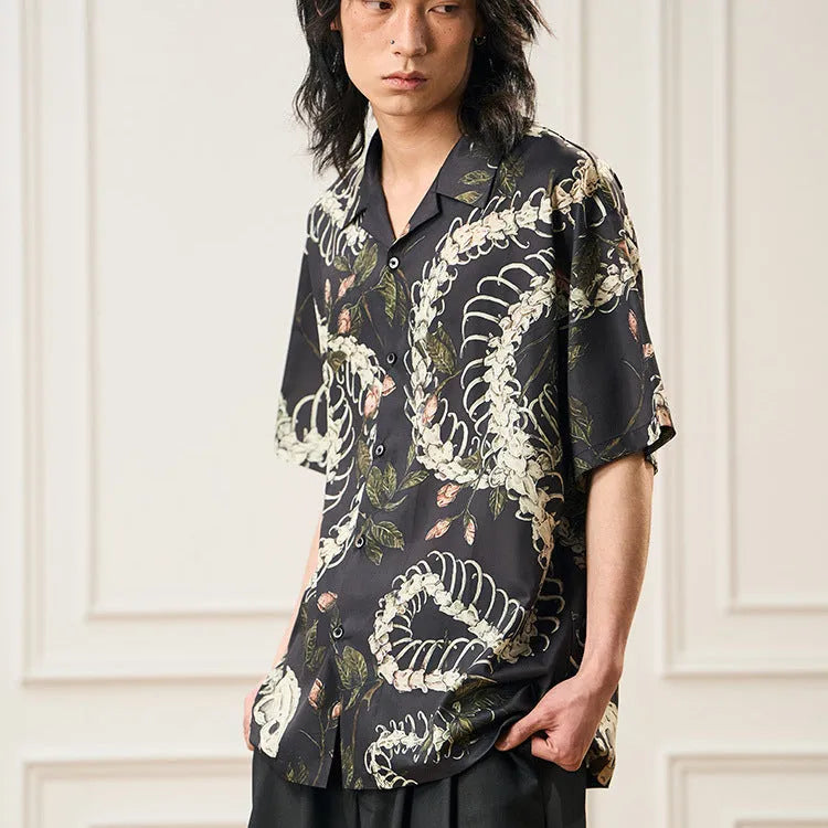 Snake bone pattern printed Cuban collar short sleeve shirt in loose fit cardigan style