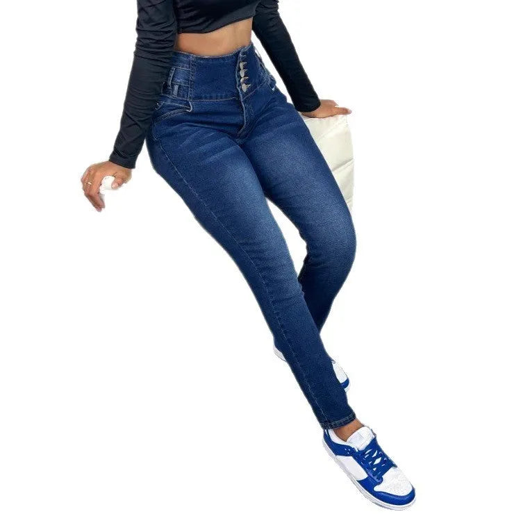 Dark blue women's straight-leg jeans with a button-fly front on a mannequin.