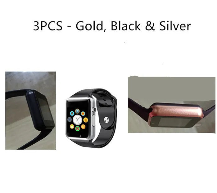 Android smart watch with 1.54-inch screen showing interface, available in black, silver, white, gold, pink, red, green and blue colours.