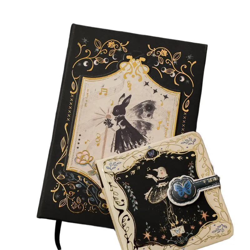 Retro gothic style A5 notebook with hand-drawn art cover designs including maze, forest, and fruit themes