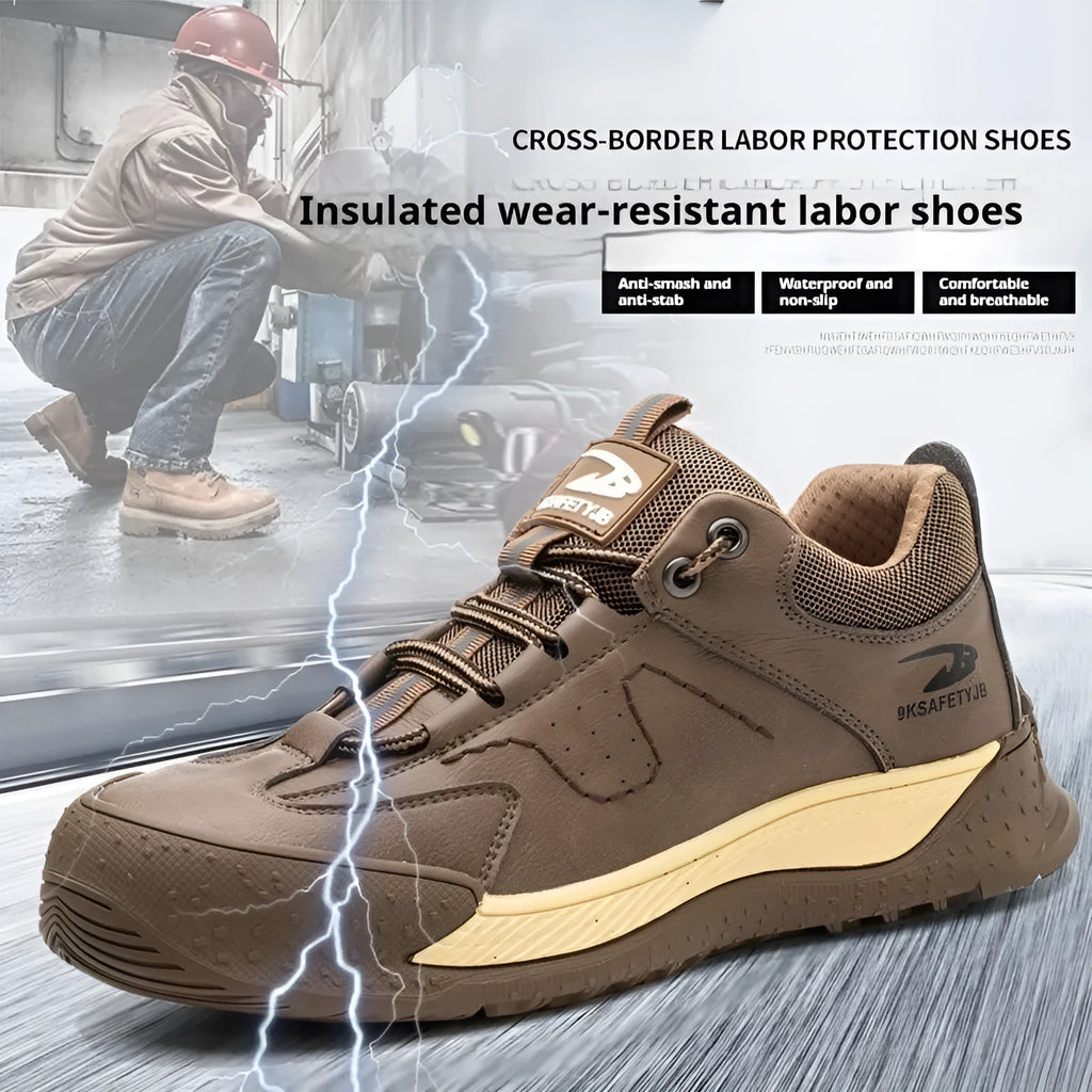 Leather safety work shoes with rubber soles in black, brown, grey, and khaki colours available in sizes 36-46
