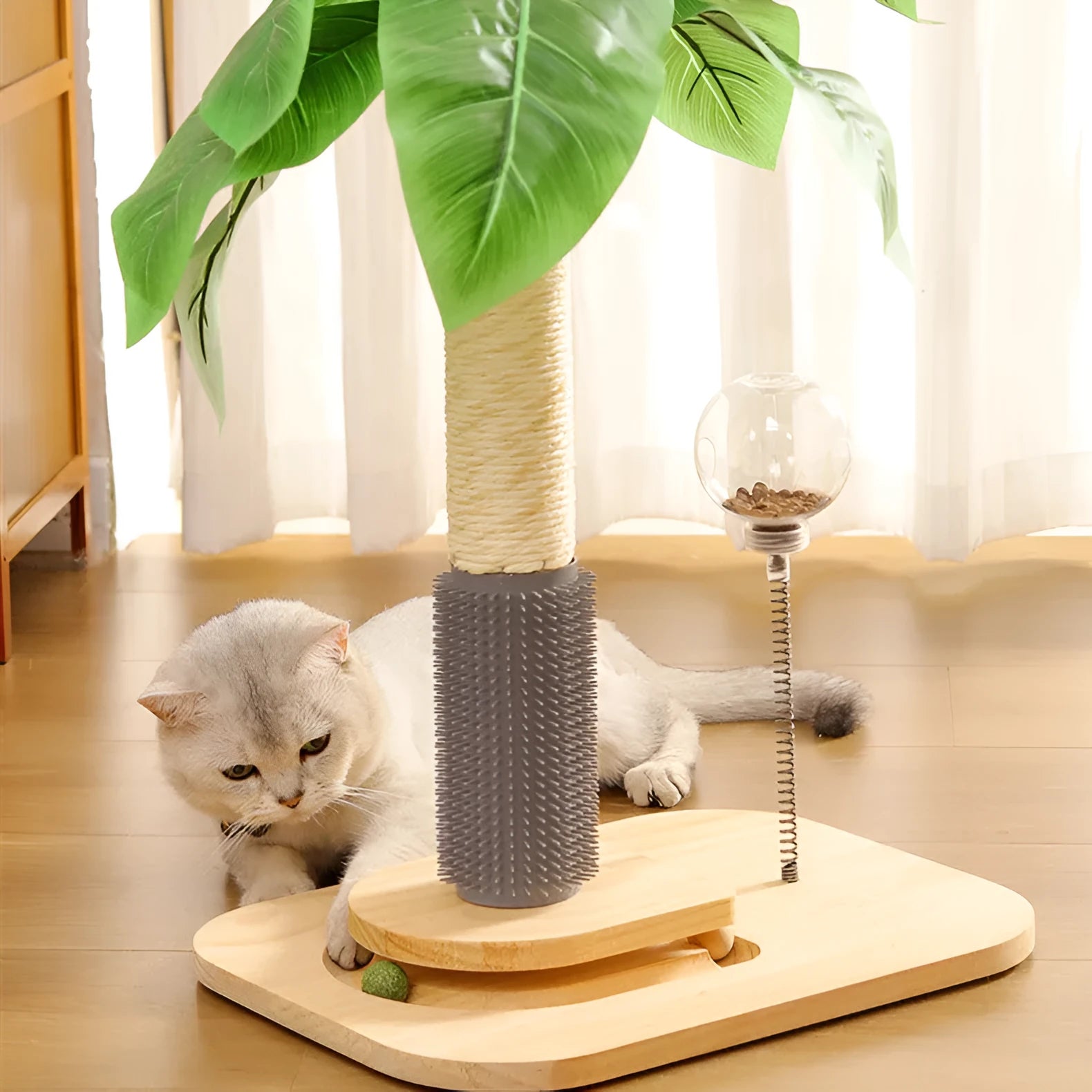 Wooden canna-coloured cat scratching post with food drop ball and chamfered edges