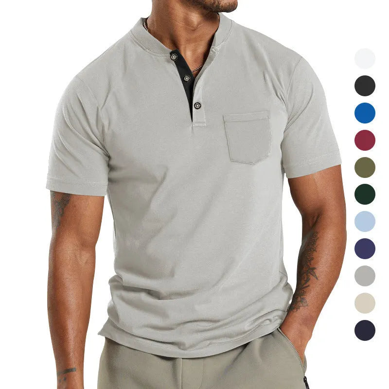 Men's plus size short sleeve button pocket shirt in solid colour polyester fabric.