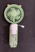 A handheld USB personal fan in one of five colours: apricot, blue, green, orange, or pink, showing its plastic nozzle and compact size.