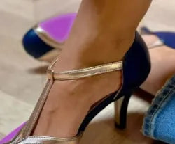 Women's round toe high heel shoes with button fastening in wine red black, blue rose red, and light blue pink colours