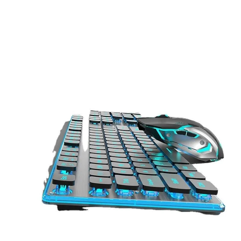 Wireless mute Bluetooth keyboard with ice blue backlighting on desk