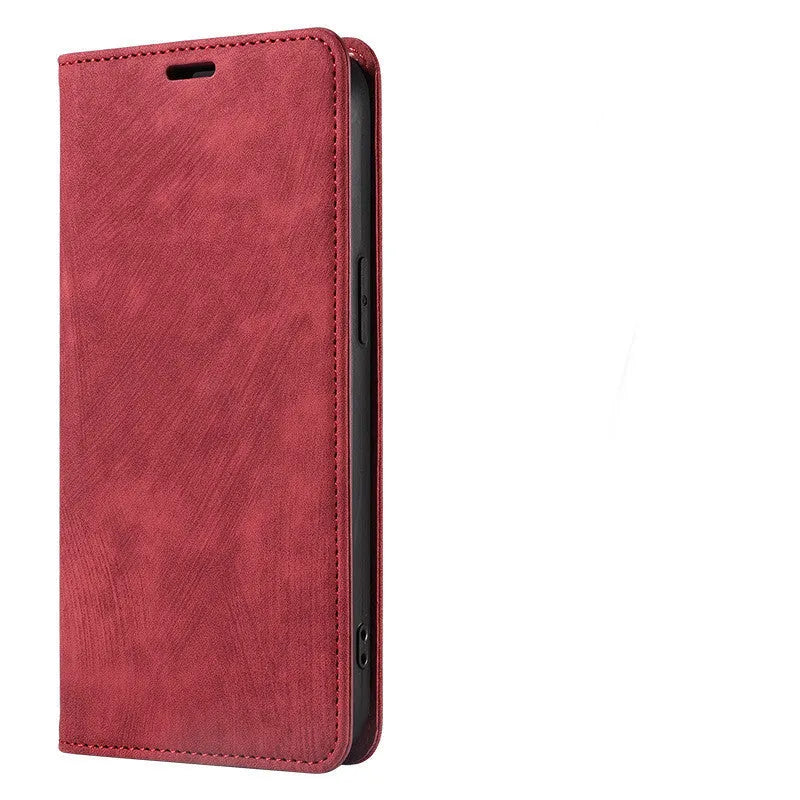 Genuine leather magnetic flip phone case for iPhone in a solid colour with a TPU inner frame.
