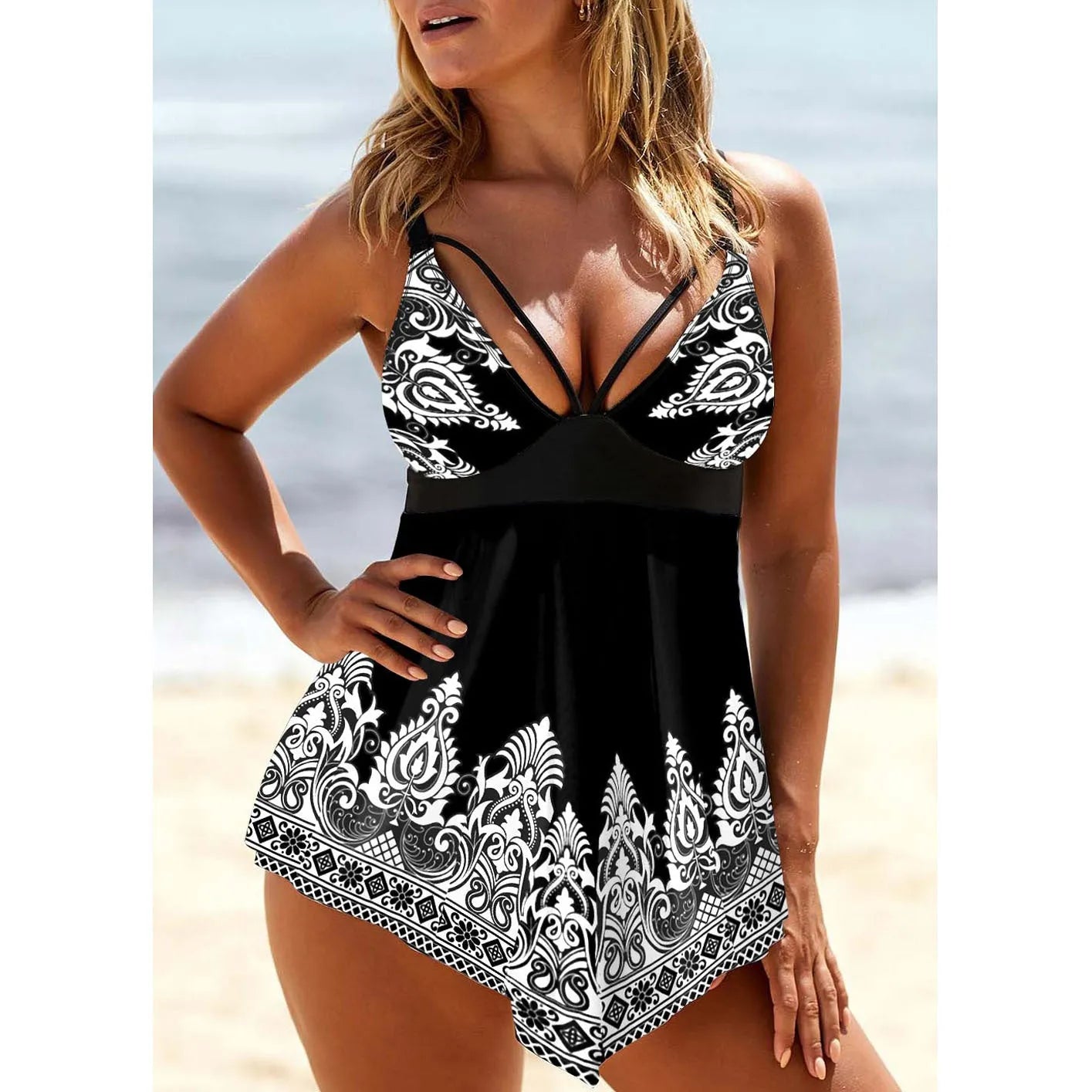 Women's plus size swimsuit with printed strap deep V neckline and skirt
