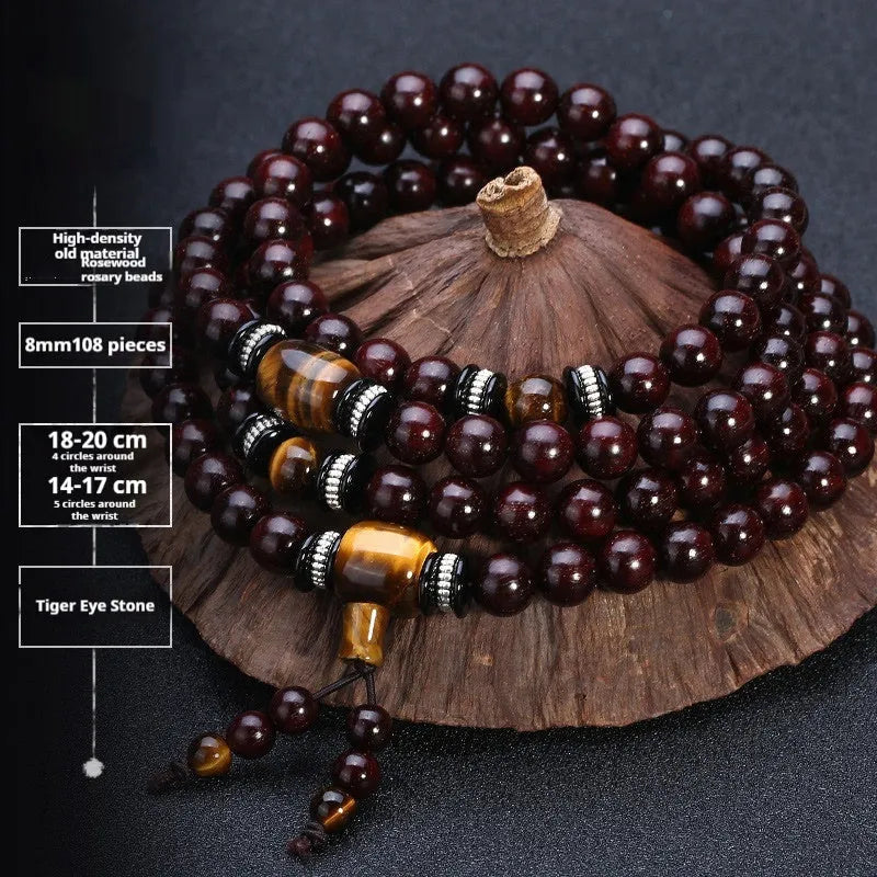 Men's rosewood bracelet with 108 beads showing lapis lazuli stone design option