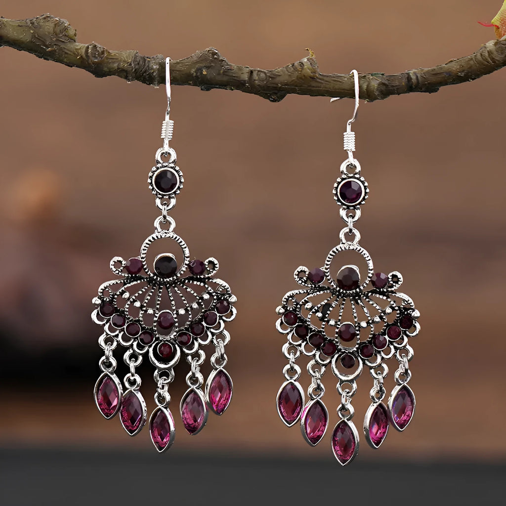 Purple retro drop earrings with long crystal fringe ethnic style jewellery