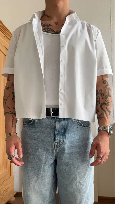 Men's white polyester short sleeve shirt with cropped top length and regular fit