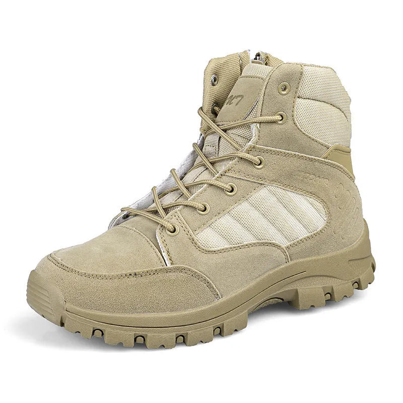 Men's black and camouflage high-top hiking shoes with artificial PU upper and metal eyelets