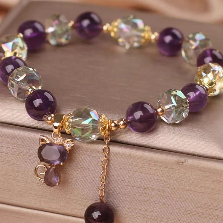 Natural amethyst fox pendant crystal bracelet with antique electroplated finish and five-leaf flower