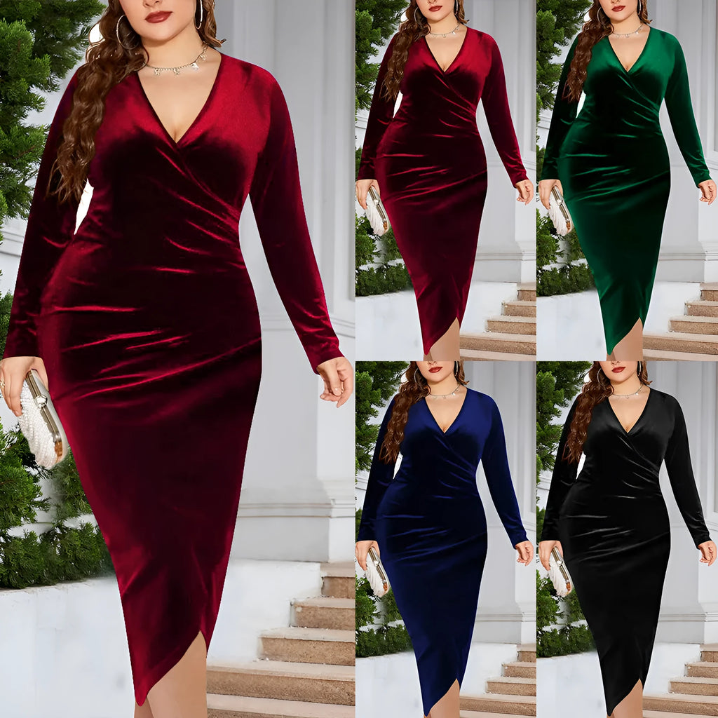 Women's red V-neck long sleeve polyester dress on a hanger, plus size range XL to 5XL.