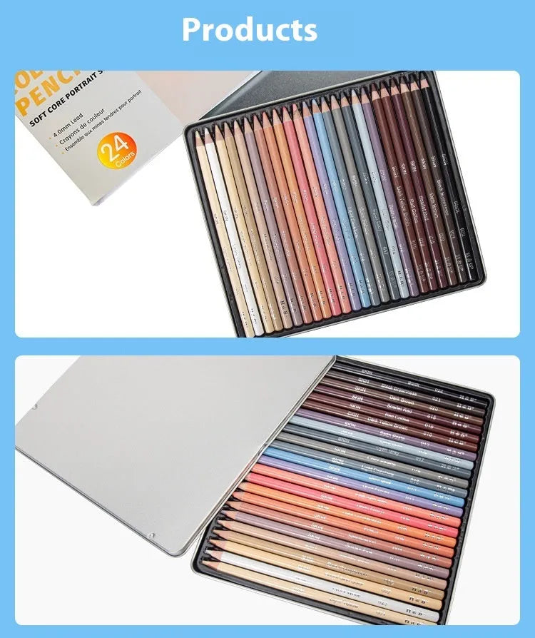 24 skin colour pencils for portrait art stored in a round metal iron box