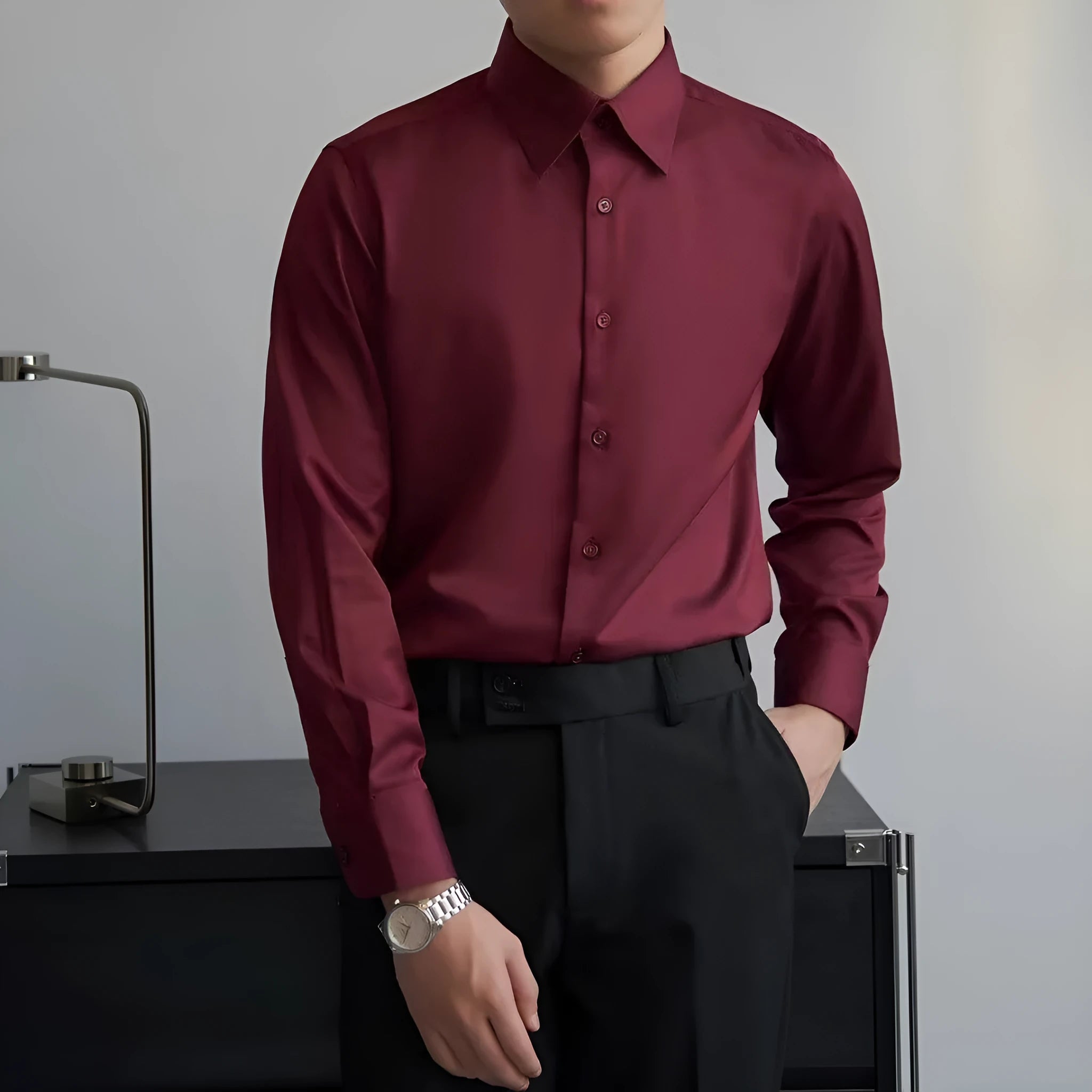 Men's Korean style slim fit cardigan shirt in polyester fabric, long sleeve design in autumn colours