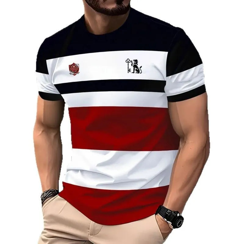 Men's loose fit short-sleeved T-shirt with digital 3D printed striped pattern in polyester fabric