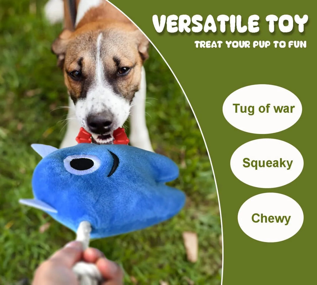 Blue and green plush monster dog toy with integrated cotton rope tug element and squeaker