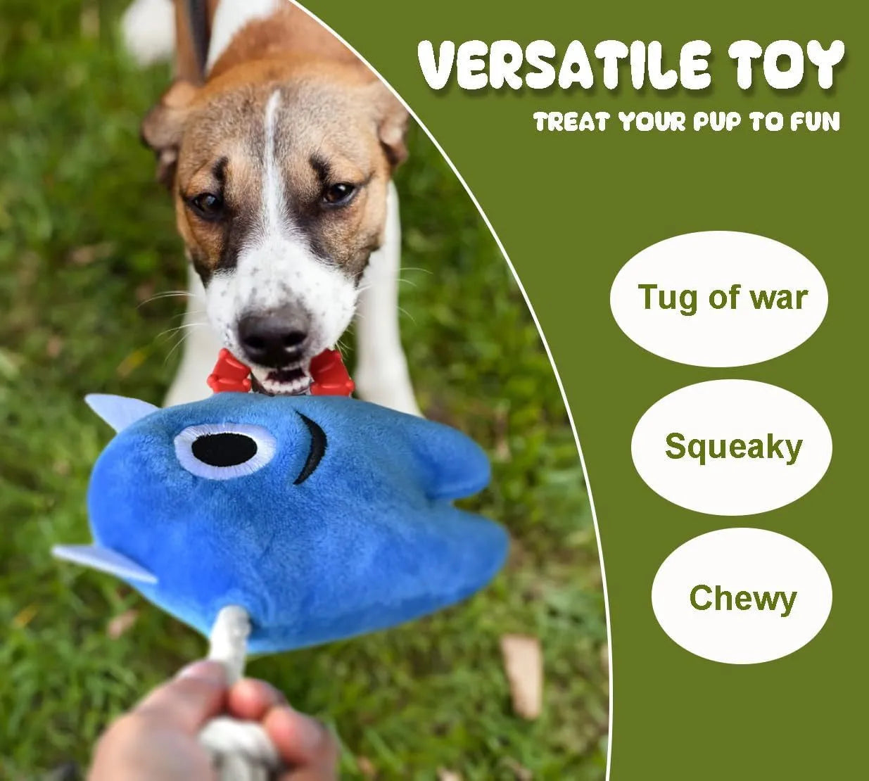 Blue and green plush monster dog toy with integrated cotton rope tug element and squeaker