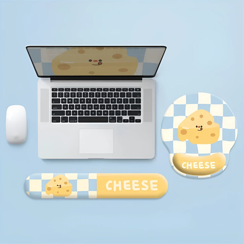 Cartoon cheese mouse pad with milk silk fabric surface and rubber base on a desk
