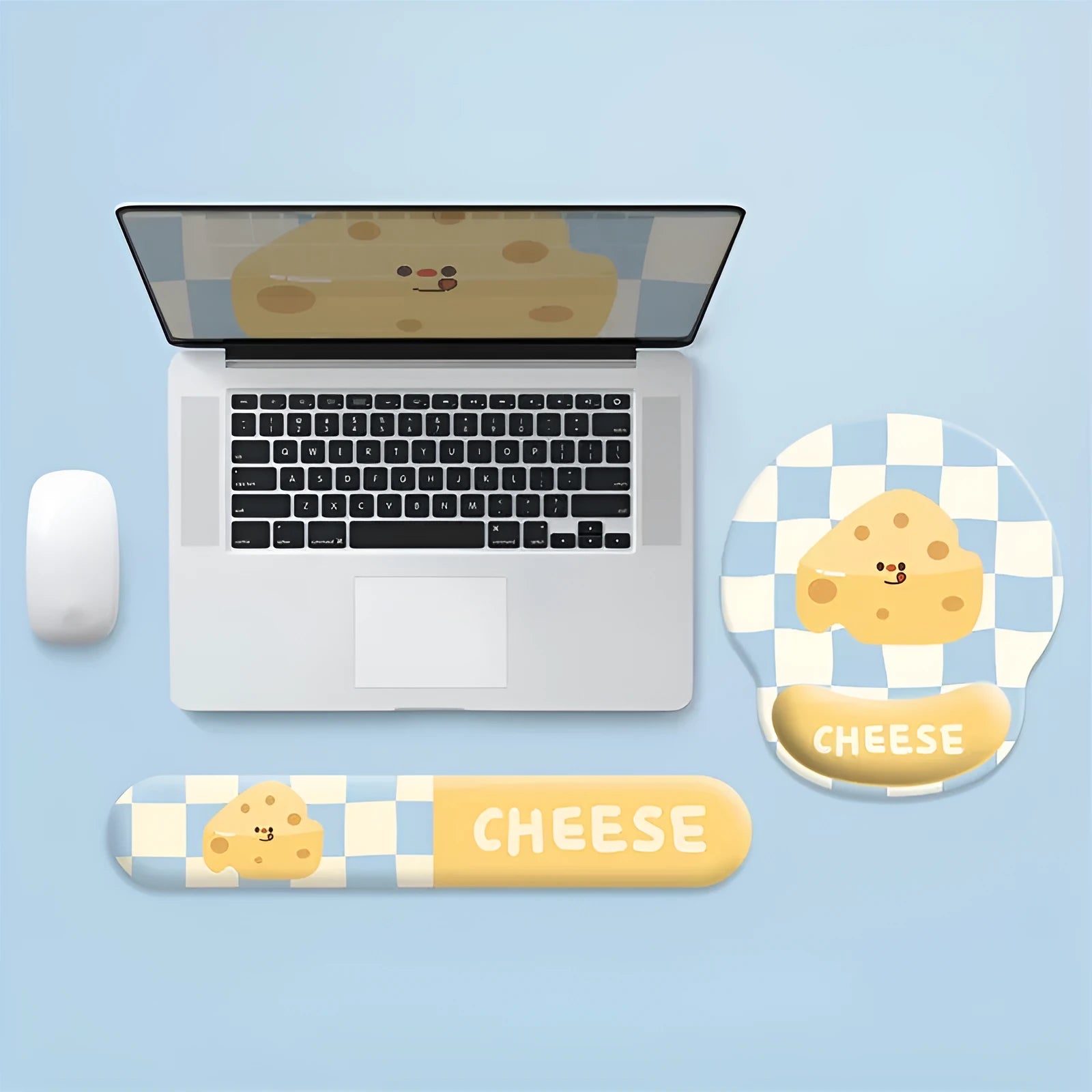 Cartoon cheese mouse pad with milk silk fabric surface and rubber base on a desk