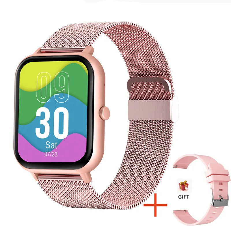 Smart watch with AMOLED display showing health metrics including heart rate, blood pressure and blood oxygen readings