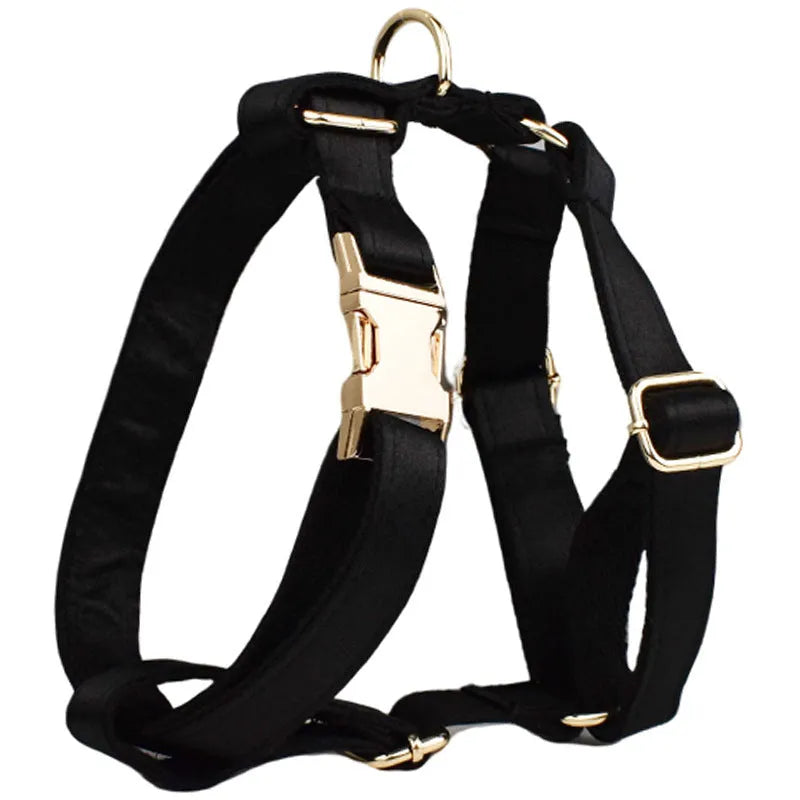 Cloth dog collar, leash, bow, and vest set shown on a model, available in S M L XL sizes.