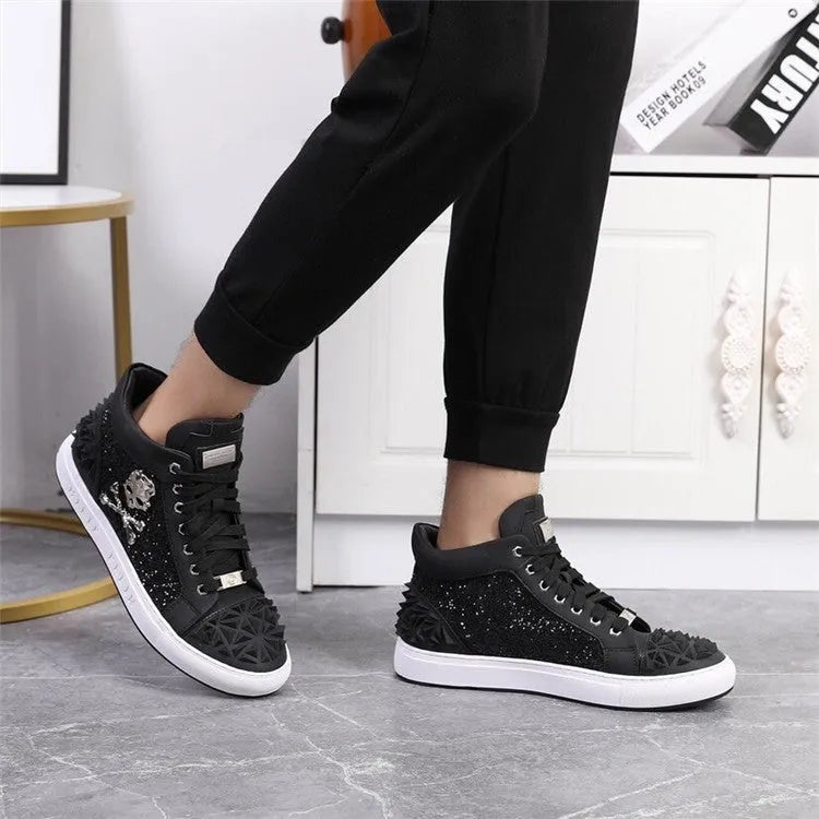 Men's black high top skeleton shoes with genuine leather upper and laced closure