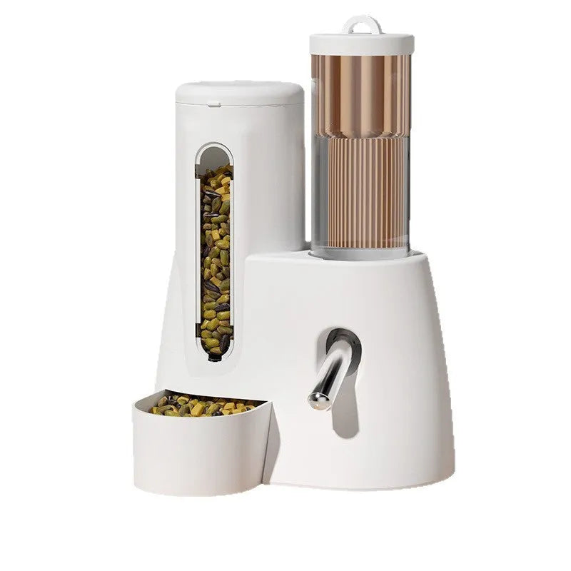 A white, blue, or pink plastic automatic water feeder and food basin for hamsters, available in large or small size.