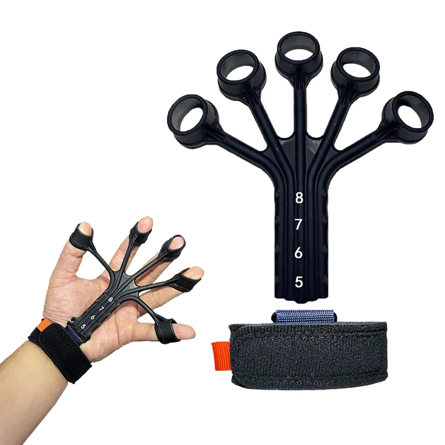 Black silicone finger rehabilitation trainer with adjustable tension belt for hand exercises