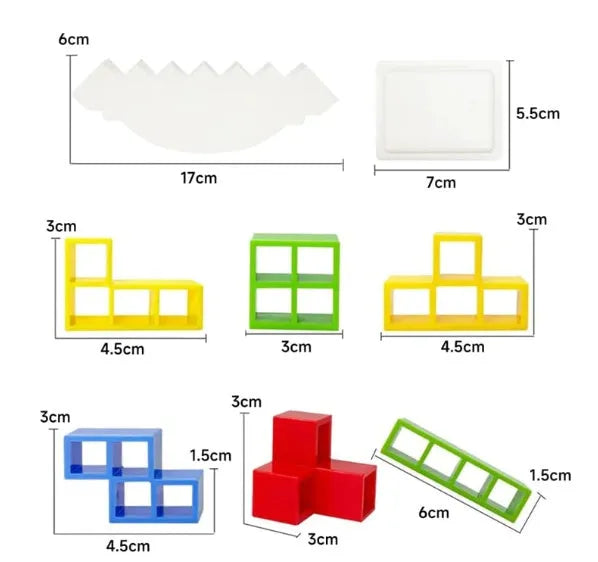 Plastic balance stacking game with 16 coloured blocks, chassis and base on table