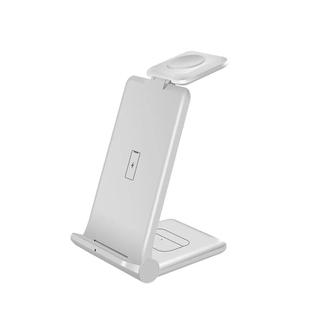 White 3-in-1 wireless charging station with iPhone, Apple Watch and AirPods charging simultaneously