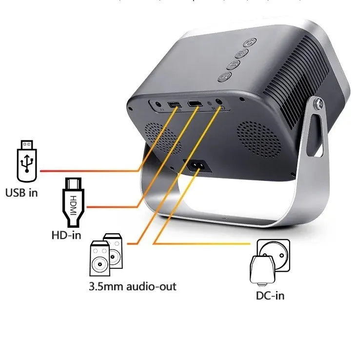 Portable 4K smart projector unit with remote on a wooden table