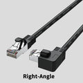 Right-angled Cat6 Ethernet cable with metal connector in various colours including black, red, and yellow.