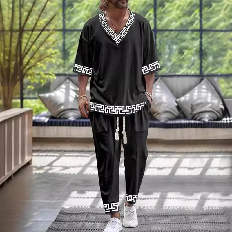 Cropped sleeves V-neck trousers suit in thin polyester two-piece set