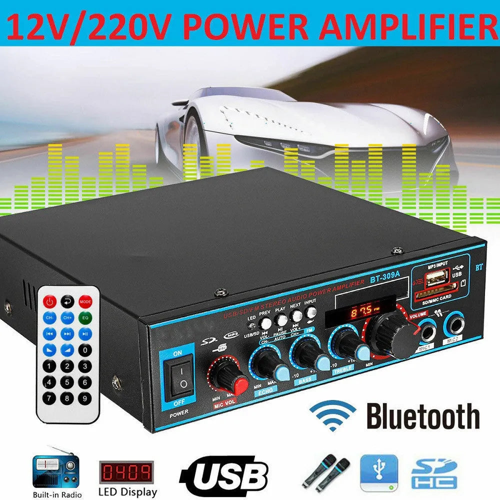 Black Bluetooth power amplifier with recording function for home and car audio systems