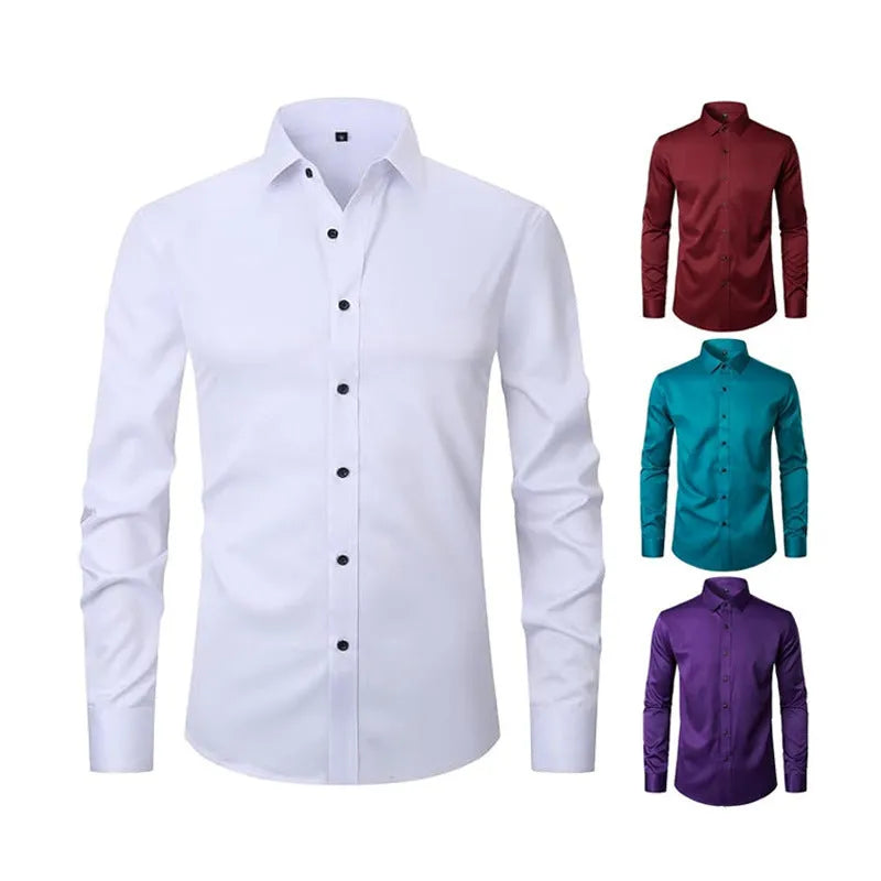 Men's stretch long sleeve work shirt in polyester fabric shown in multiple colour options