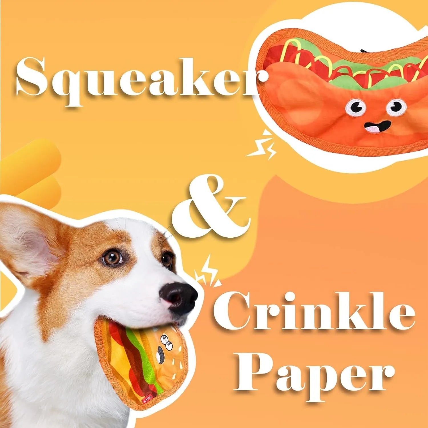 Hamburger-shaped dog toy with bright colours featuring crinkle and squeak sounds for interactive play