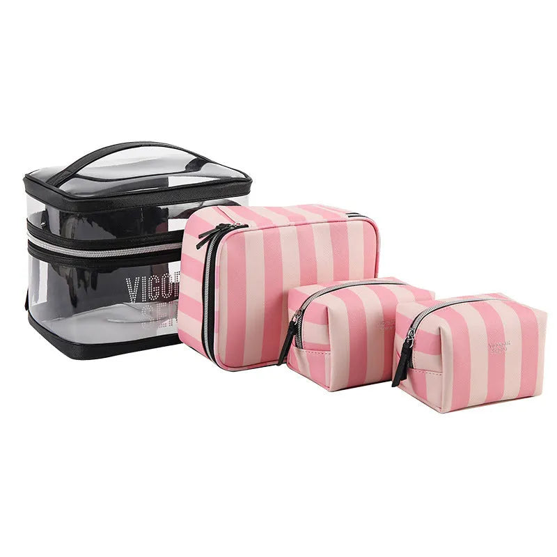 Pink bold stripes buggy makeup bag with floral pattern and European-American retro style