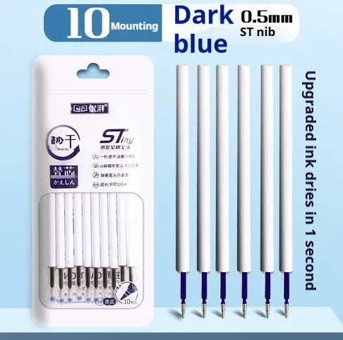 Pack of 10 quick-drying push bullet pen refills in black, red, blue, and ink blue colours.