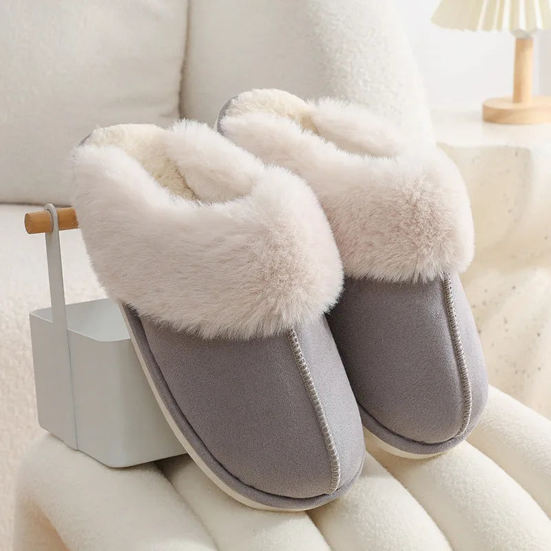 Women's winter plush slippers with artificial wool lining and non-slip PVC soles in various colours