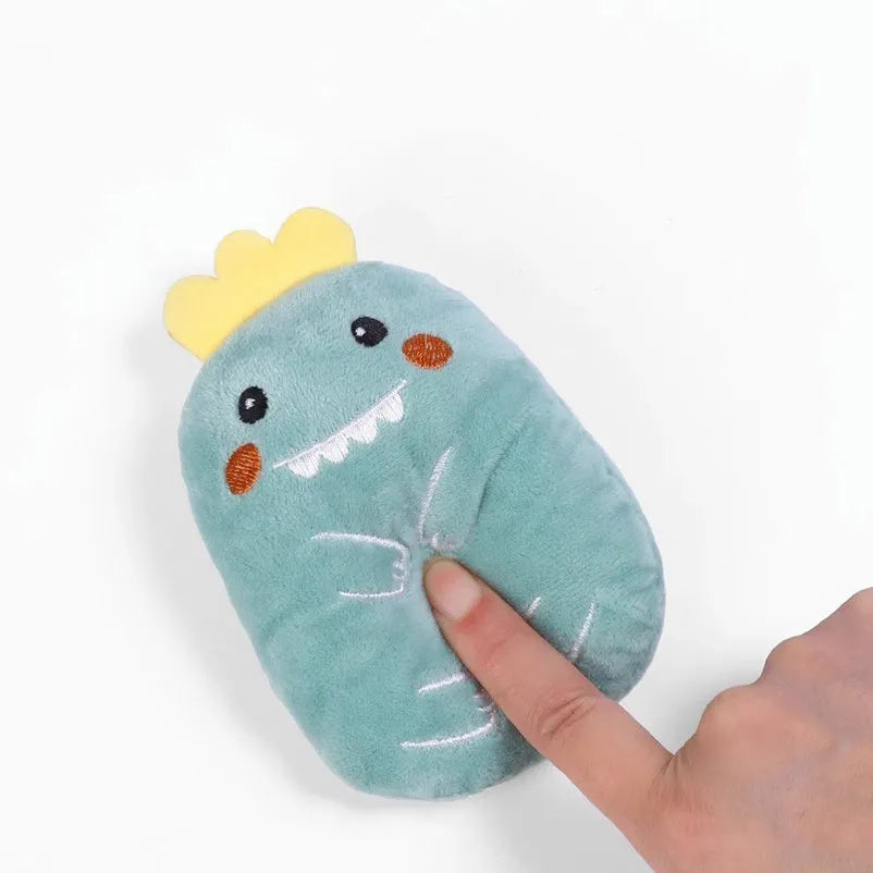 Small plush cat toy with catnip filling for chewing and teeth grinding, shown in assorted colours.