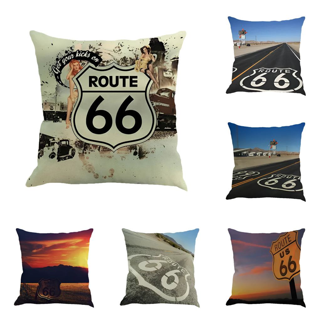 Route 66 landscape pattern linen cushion cover for 45cm square pillows